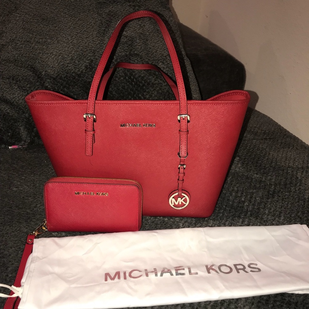 Michael Kors bright red Saffiano Leather set